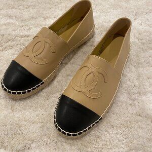 CHANEL CC Beige Black Lambskin Leather Espadrilles